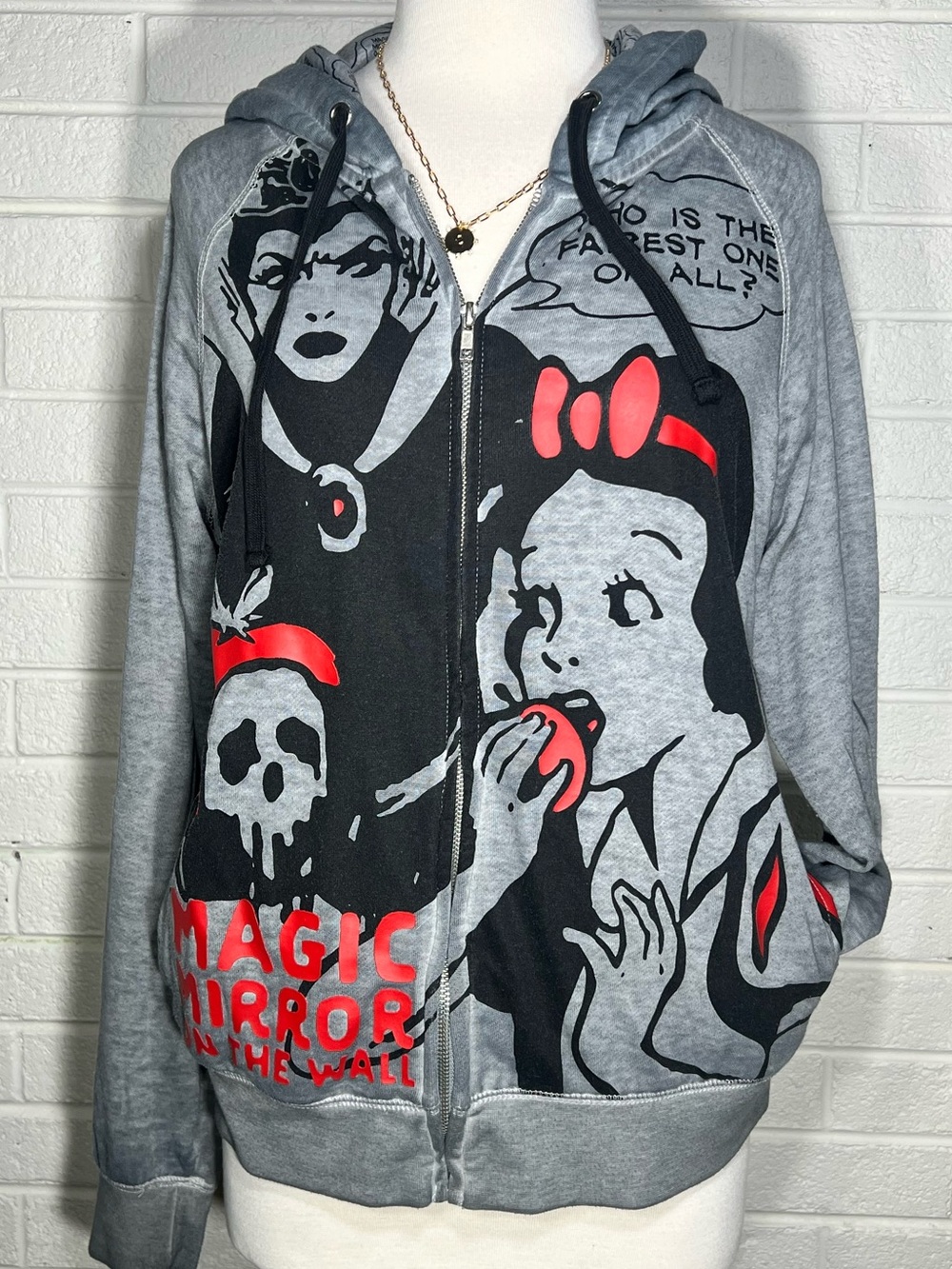 Disney Gray & Black Zip Hoodie Sweatshirt with Red Graphic Accents